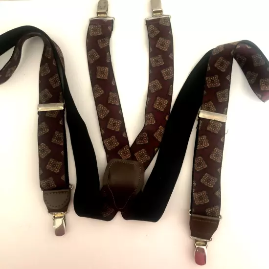 Vtg CAS GERMANY Men Burgundy Red Geometric PRINT Elastic SUSPENDERS Leather a