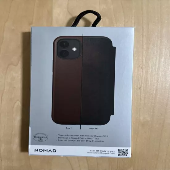 NOMAD Horween Modern Folio Case For iPhone 12 Mini Rustic Brown Horween Leather