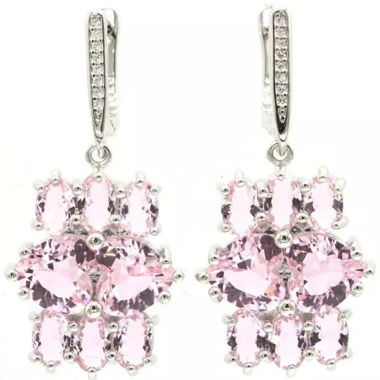 Romantic Pink Kunzite White CZ Ladies Wedding Silver Earrings 