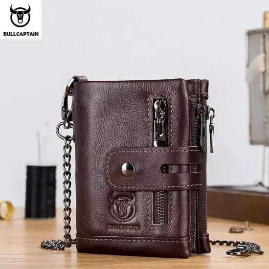 BULLCAPTAIN Men RFID Blocking Genuine Leather Card Holder Zipper Wallet Chain