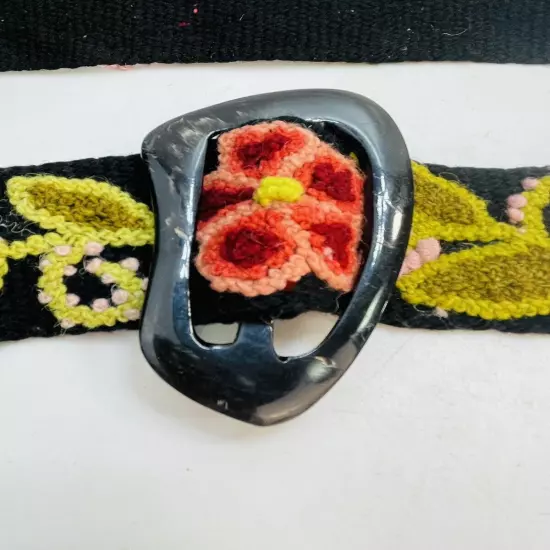 Embroidered Peru Wool BELT Black Floral Boho Hippie HORN BUCKLE Adjustable 44"