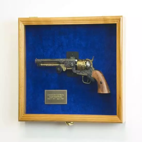 Gun Display Case 2 Guns Oak Blue Solid Wood Handgun Pistol Revolver Lock Frame 