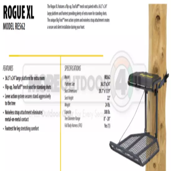 RE562 Rivers Edge Flip Up Seat Big Foot XL Hang On Tree Stand Rogue Hunters