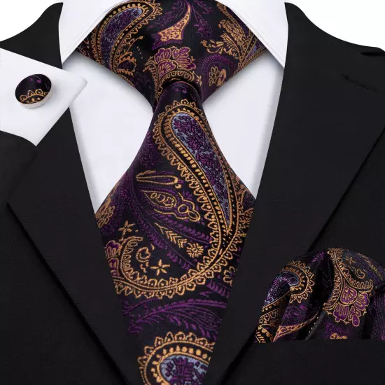 USA Mens Tie Striped Paisley Solid Paisley Necktie Hanky Cufflink Set Wedding