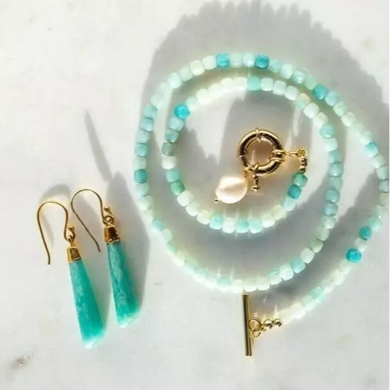 Amazonite Gemstone Geometric Drop Gold Dangle Earrings Gift For Her Turquoise