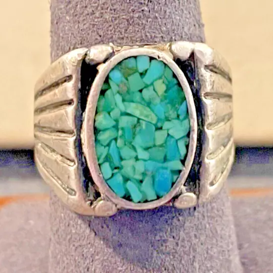 Sterling Silver native designed crush Turquoise Signet Ring Size 8.5--1389.23