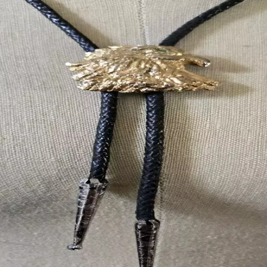 Black Bolo tie with Gold Tone Eagle Clasp 30 Inch Tie