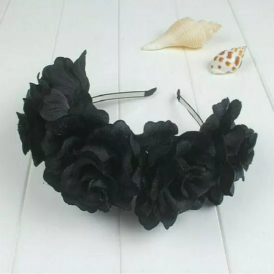 LUXURY HANDMADE BLACK FAUX SILK ROSE FLOWER HEADBAND, BRIDAL OR RACES