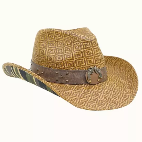 Straw Structed Western Cowboy Hat with Camouflage and Pistol Charms *TAN*