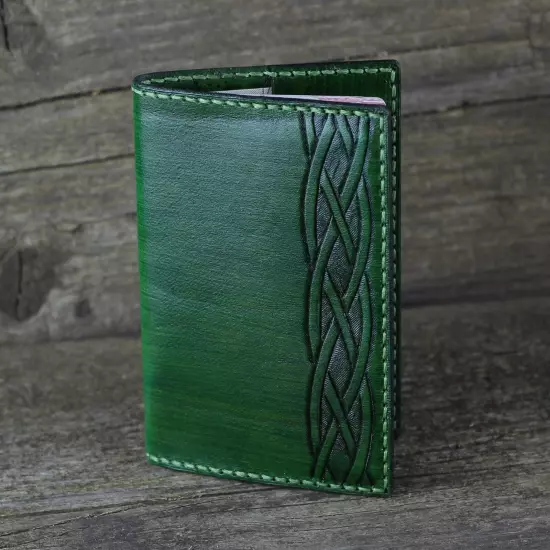 Leather passport cover with Celtic knot, Viking accessories, green id holder.