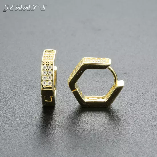 Mens Real 925 Sterling Silver Moissanite Hexagon Hip Hop Huggie Hoop Earrings