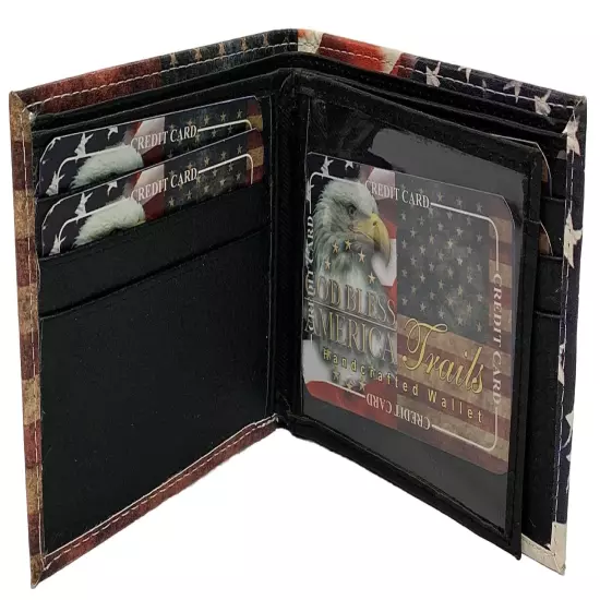 Eagle & American Flag Men's Wallet Bi-Fold Faux Leather 6 Credit Card Slots