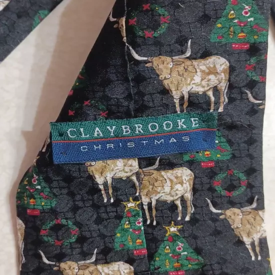 Claybrooke Christmas Tie Black Longhorn Cows Holiday Trees Silk