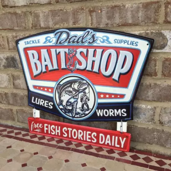 Dads Bait Shop Lures Worms Fish Stories Tackle Metal Sign Bass Man Cave Art Gift