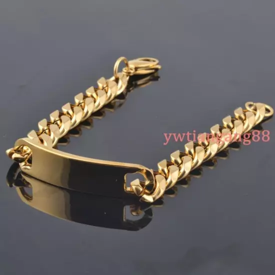 8/10/15mm Silver/Gold 316L Stainless Steel Curb ID Chain Bracelet Mens Jewelry