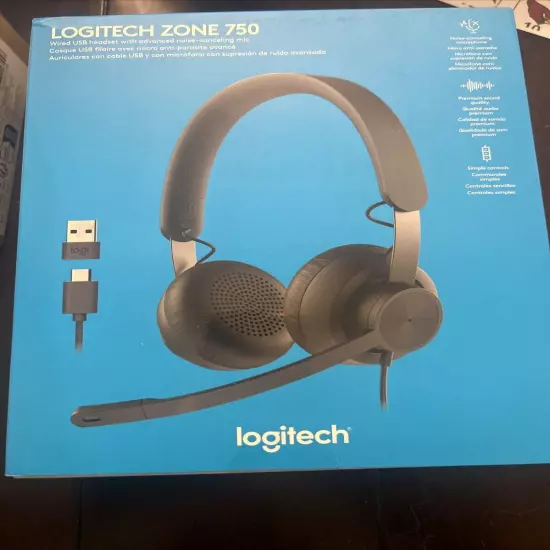 Logitech Zone 750 Wired USB Headset with Moise Canceling Mic - New Sealed