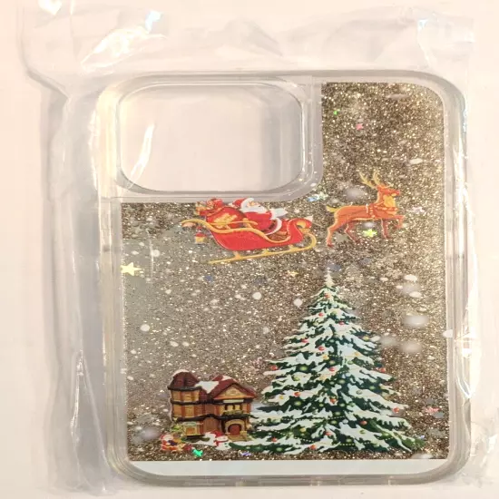 iPhone 13 Pro Christmas Themed Case Santa Flying w/Moving Gold Glitter