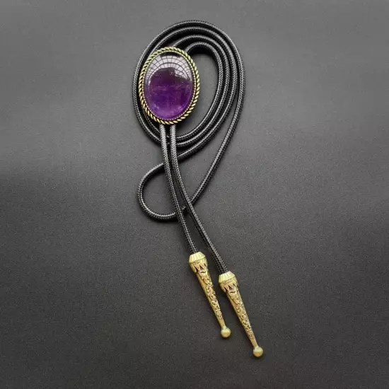 Natural Amethyst Stone Mens Bolo Tie Cowboy Vintage Alloy Waxed Rope Wedding