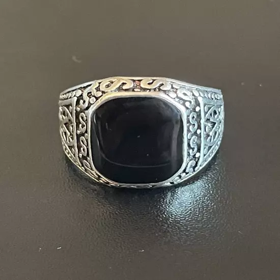 Natural Black Obsidian Stone S925 Silver Plated Men Women Statement Ring Size 8