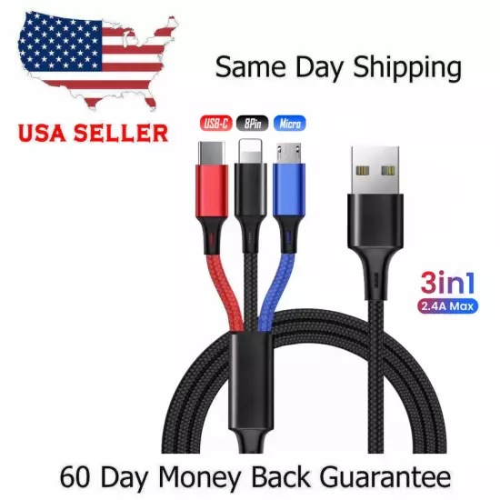 3 in 1 Fast USB Charging Cable Universal Multi Function Cell Phone Charger Cord