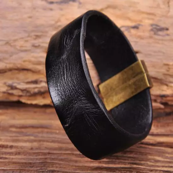 G169 Black Manual Vintage Texture Real Leather Bracelet Wristband Mens Wide Cuff