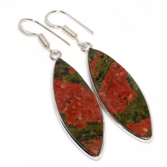 925 Silver Plated Unakite Ethnic Earrings Handmade Jewelry Size 2.3" JW