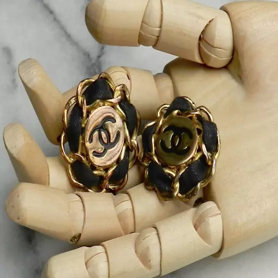 Vintage CHANEL Earrings Gold Tone & Black Leather Clips France Signed As Found