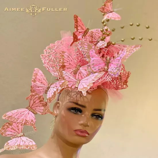 Aimee Fuller Kentucky Derby Hat Ascot Fascinator Gold Pink White Rose Del Mar