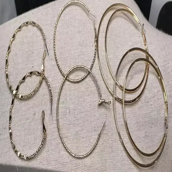 Lot Of 3 Large Gold Tone Hoop Earrings 3" 2" Lightweight