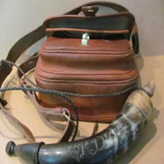 Vintage Leather Ammo Bag and Engraved Powder Horn.