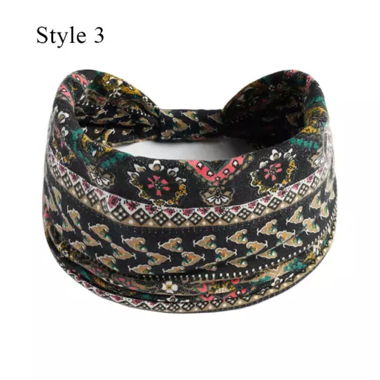 Women Boho Flower Print Wide Headband Vintage Knot Elastic Turban Headwrap *