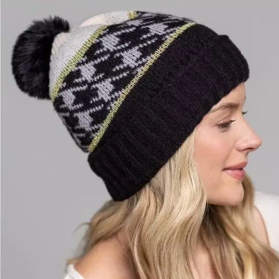 Houndstooth Beanie Hat with Pom Pom Black Gold Ski Outdoors Winter Accessories