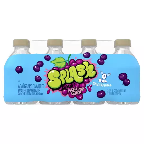 Splash Refresher Acai Grape Flavored Water, 8 Fl Oz, Plastic Bottle Pack of 12