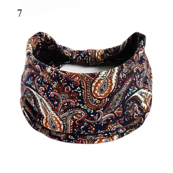 Women Boho Flower Print Wide Headband Vintage Knot Elastic Turban Headwrap *