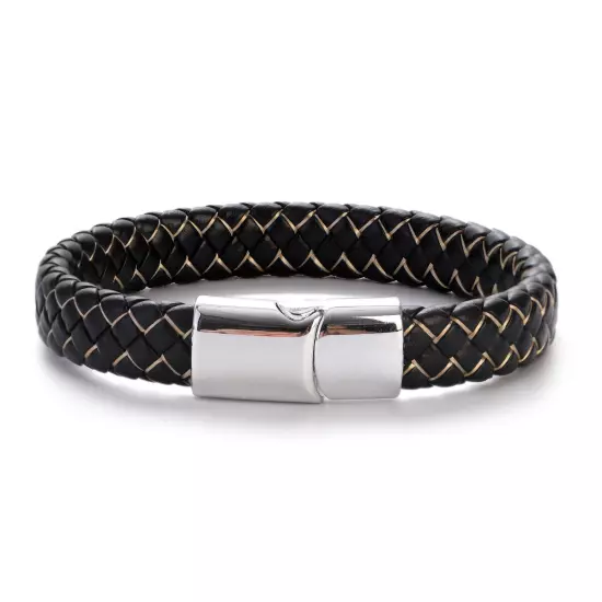 Genuine Leather Braided Bracelet Magnetic Buckle Band Men Stainless Steel Bangle