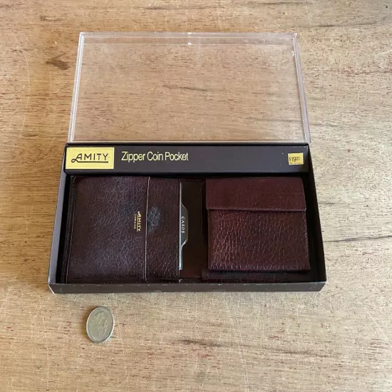 Amity Brown Leather Wallet w/Box Unused Men's Cowhide Zipper Coin Pocket Vintage