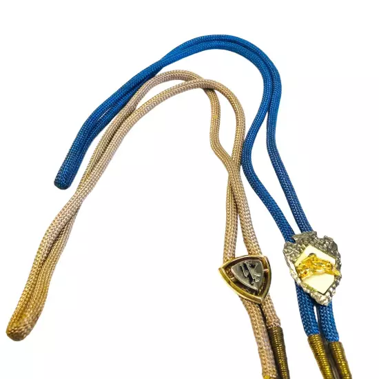 2 Vtg Bolo Ties Bronco Rider Western Brown Blue Cloth Cord 16 in 1 marked