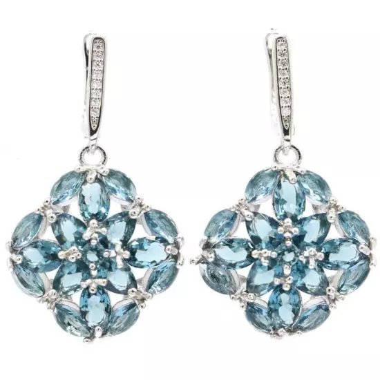 SheCrown Charming London Blue Topaz White CZ Gift For Girls Silver Earrings