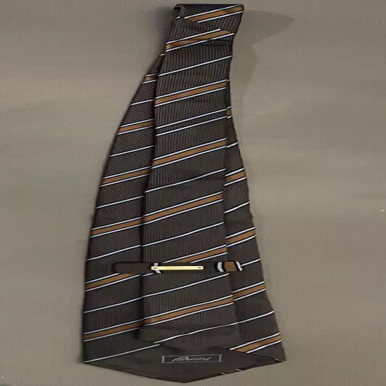 BRIONI Diagonal Stripe Silk Tie ~ Brown , Copper , Blue/Silver Made in Italy