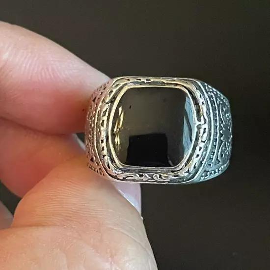 Trendy Black Obsidian Stone S925 Silver Plated Men Women Statement Ring Size 7.5