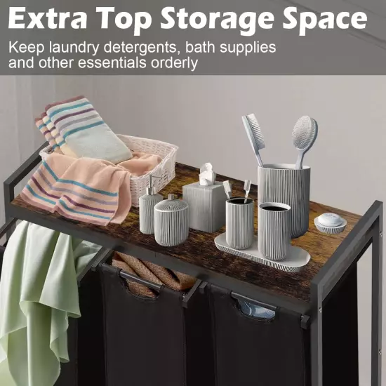 Large Laundry Hamper Sorter with 3 Removable & Pull-Out Sorting Bags, Wooden Top