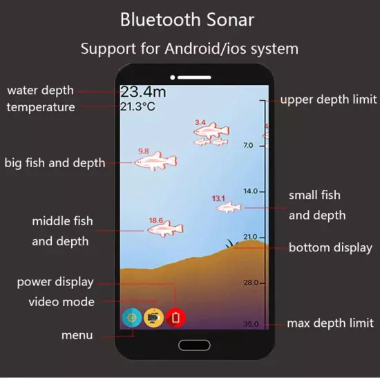 Wireless Bluetooth Smart Sonar Fish Finder 48m/160ft Equipment For IOS Android