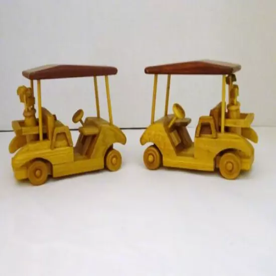 Set Of Two HANDCRAFTED Wooden Golf Carts w/ Golf Clubs "NANA" & "R & A BROWNS"