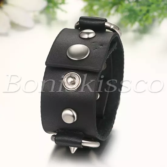 Men's Adjustable Punk Rock Wide Heavy Leather Straps Cuff Wristband Bracelet