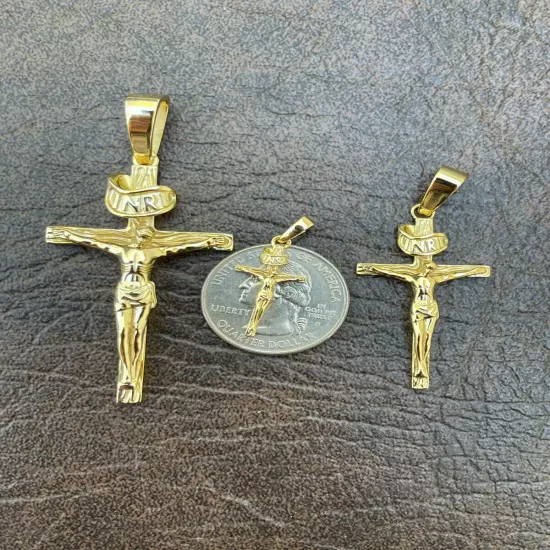 14k Gold Plated Solid 925 Silver Cross Jesus Piece Crucifix Pendant Necklace