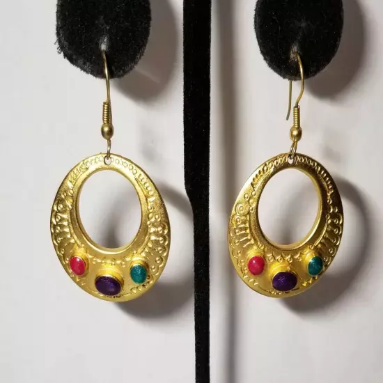 Matte Goldtone and Cabochon Earrings