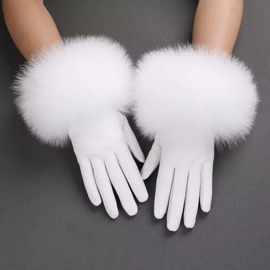 Women Genuine Lambskin Leather Gloves With Real Fox Fur Trim Cuff Winter Warm