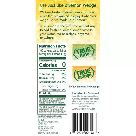 True Lemon sugar free drink mix 100 packets,caffeine free & on the go