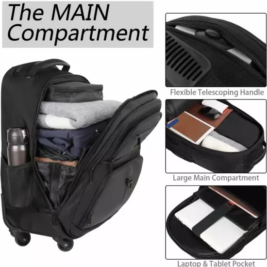 MATEIN Rolling Backpack w/ 4 Wheels, 17 inch Roller Travel Laptop Backpack Black