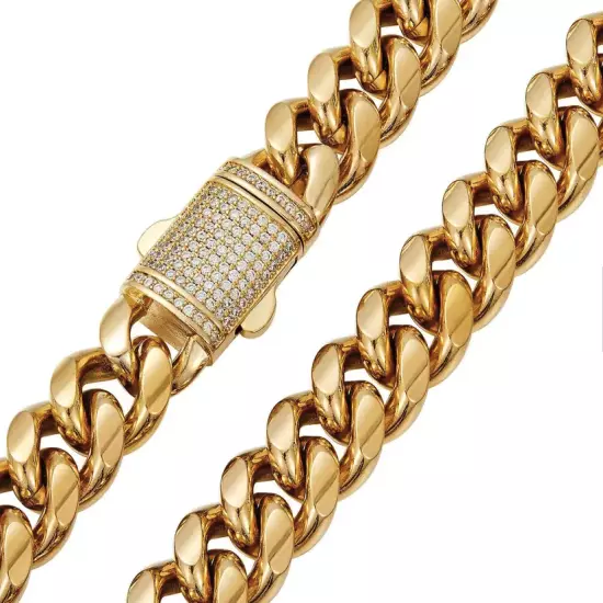 14k Gold Plated Stainless Steel Miami Cuban Link Bracelet Chain With CZ Clasp